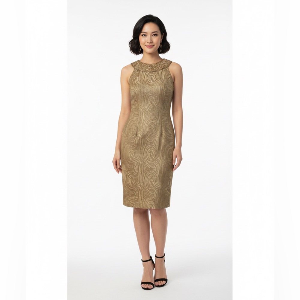 Sue Wong Nocturne Gold Embellished Cocktail Dress Size 4